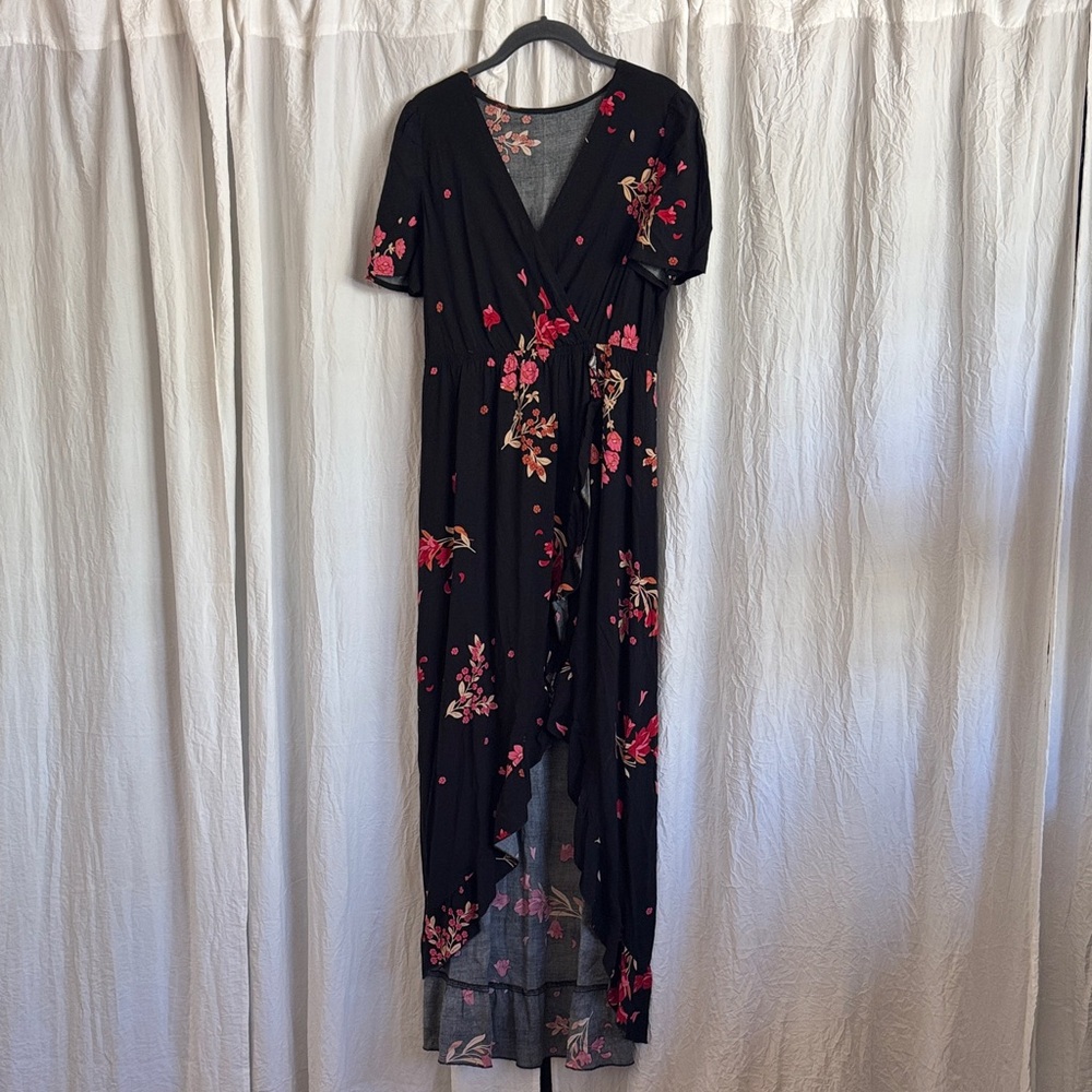SHEIN Black Floral High-Low Wrap Maxi Dress with Pink Accents